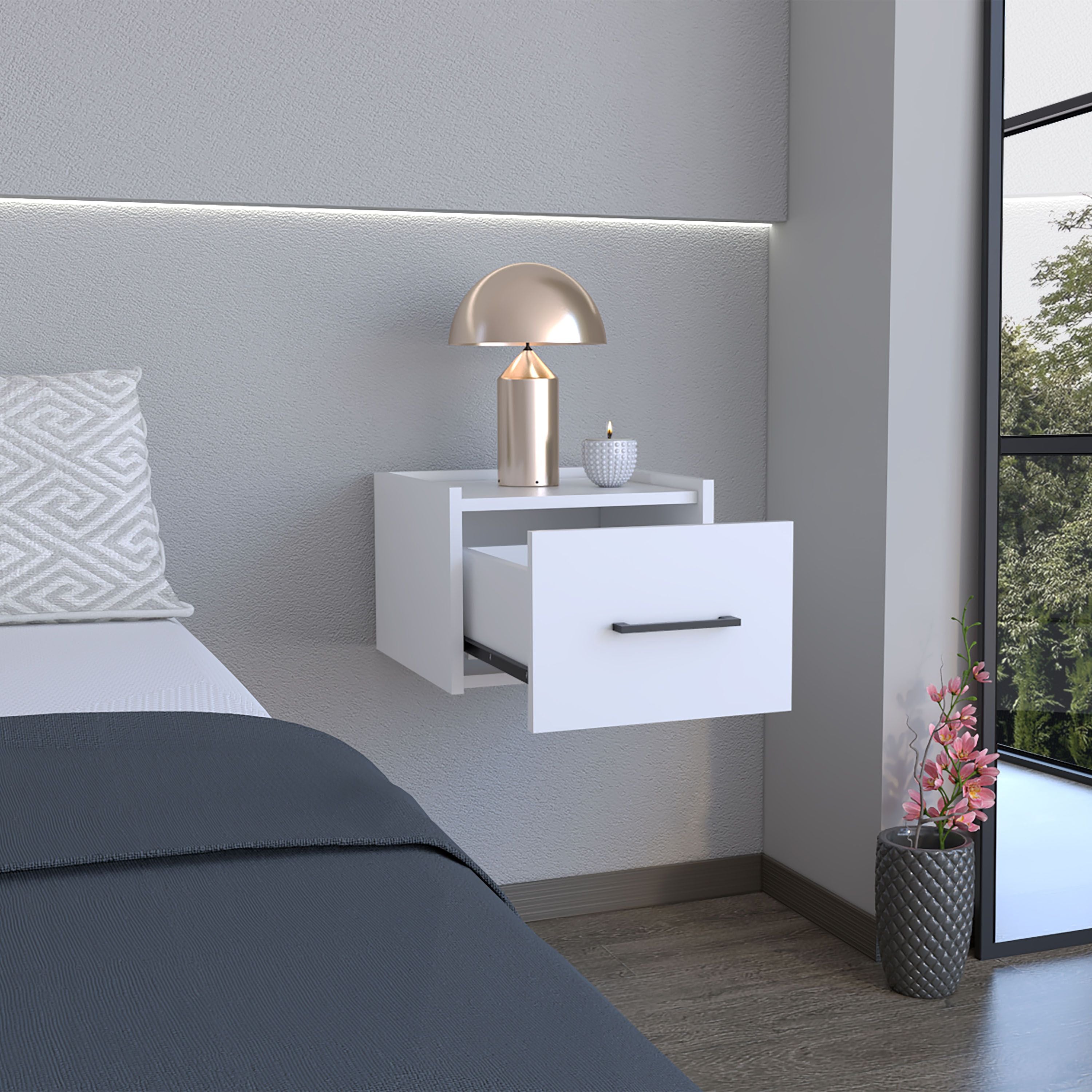 Depot E-Shop Yorktown Floating Nightstand, Space-Saving Design With Handy Drawer And Surface, White